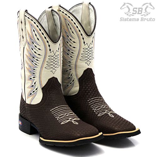 Bota Texana Escama Peixe Cano Branco Bico Quadrado... - Sistema Bruto | Botas Texanas em couro
