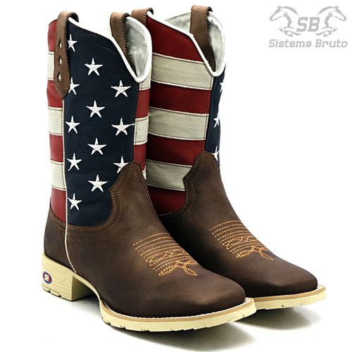 Bota Texana Bandeira Americana Sola Branca - Sistema Bruto | Botas Texanas em couro