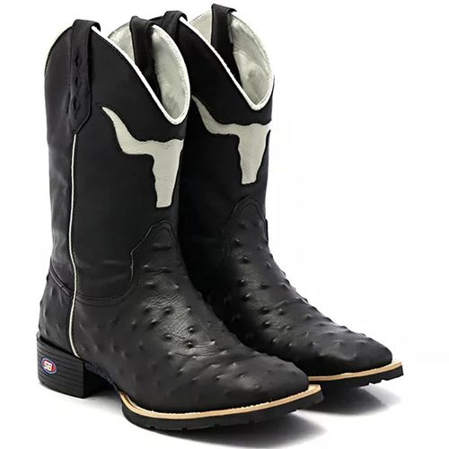 Bota Texana Cara De touro Preta Estilizada Avestru - Sistema Bruto | Botas Texanas em couro
