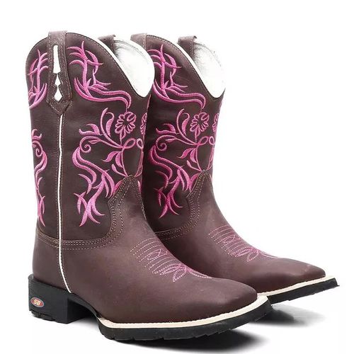 Bota Texana Feminina Bordado Flores Rosa - Marrom/... - Sistema Bruto | Botas Texanas em couro