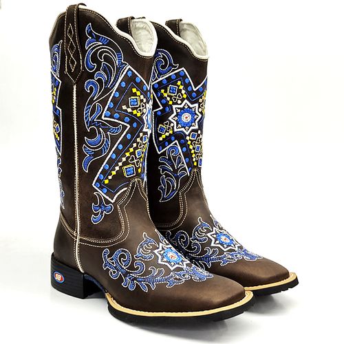 Bota Texana Feminina Country Bordado Cruz Azul Est... - Sistema Bruto | Botas Texanas em couro