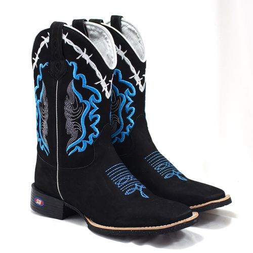 Bota Texana Preta Bordado Arabesco Azul-Country - Sistema Bruto | Botas Texanas em couro