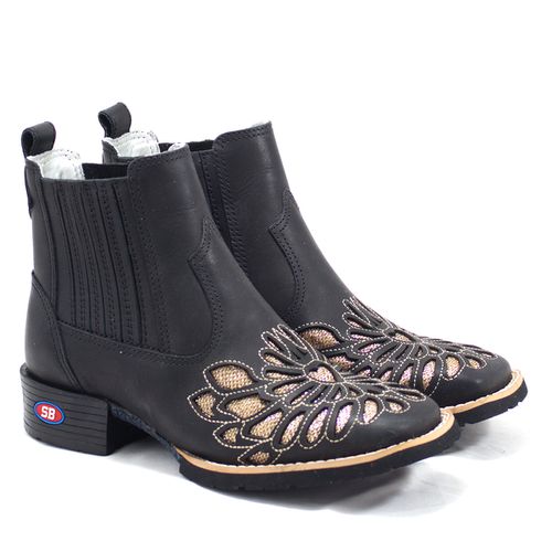 Botina Feminina Preta Base Laser - Sistema Bruto | Botas Texanas em couro