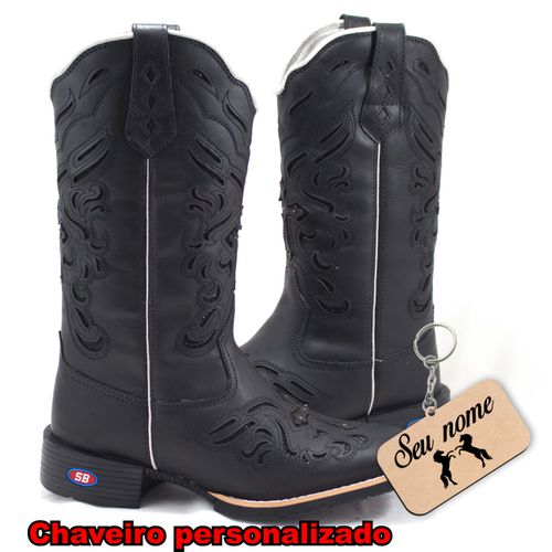 Bota Texana Laser Preta + Chaveiro Personalizado - Sistema Bruto | Botas Texanas em couro