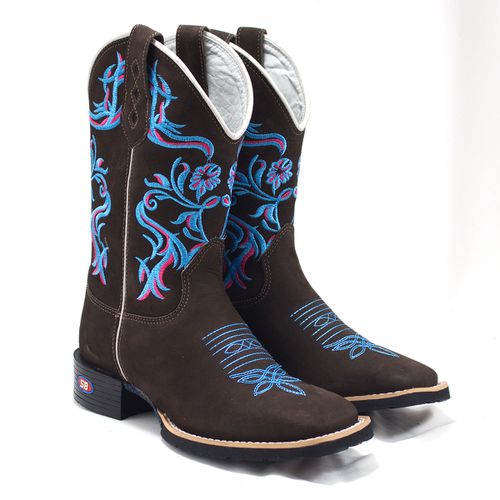 Bota Feminina Arabesco Azul e Rosa - Sistema Bruto | Botas Texanas em couro