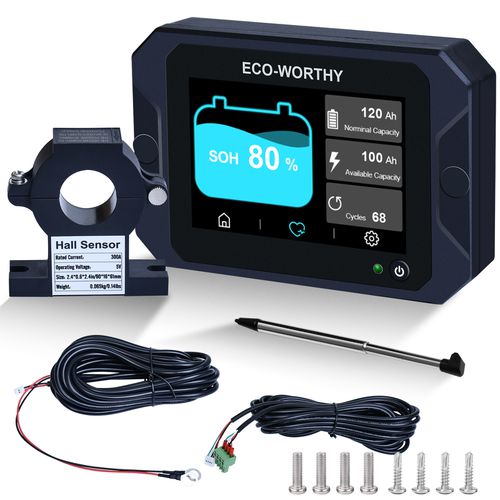 Display tela tocável de 3,5" 300A para monitoramento bateria 12V LiFePO4 c/ sensor Hall baterias AGM e lítio Eco Worthy