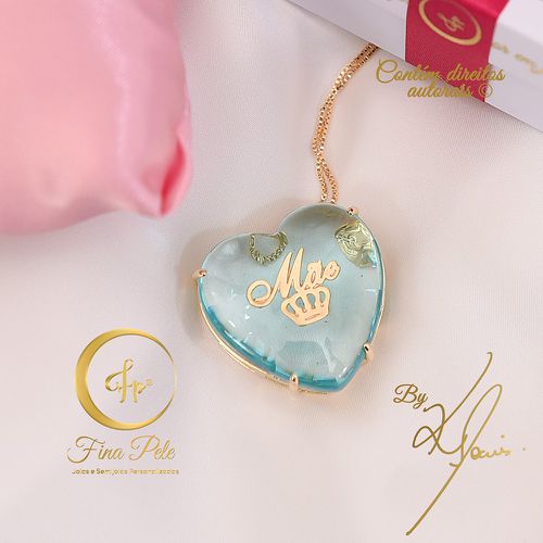 Coração Cristal Azul com Gravação Mãe Fina Pele Jo... - FINA PELE Joias e Semijoias Personalizadas