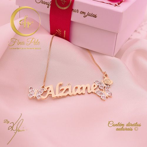 Colar com nome + adorno borboletas de zircônias - ... - FINA PELE Joias e Semijoias Personalizadas
