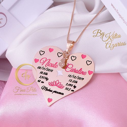 Coração Personalizado 2 filhos Nascimento Fina Pel... - FINA PELE Joias e Semijoias Personalizadas