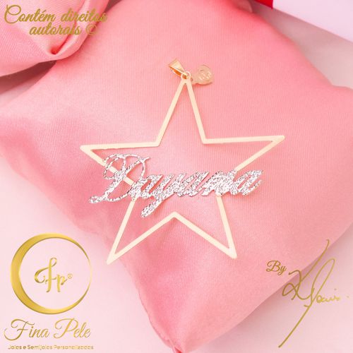 Colar Pingente Estrela + Nome Ouro Branco Fina Pel... - FINA PELE Joias e Semijoias Personalizadas