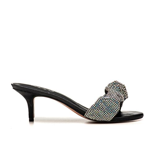 Sandália Mule Salto Baixo Laço Rebeca Strass Preto... - GATS