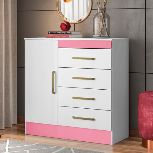 Cômoda Montevidéu 4 Gavetas Branco e Rosa Demobile 