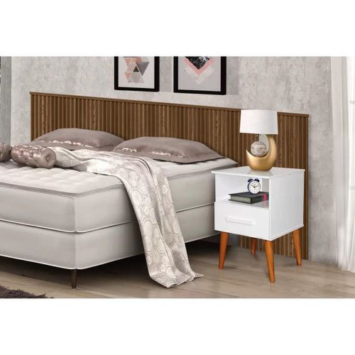 Conjunto Cabeceira Cama Casal Laranjeiras com Frame Freijó e Duas Mesa de Cabeceira com Gavetas Branca Incasa