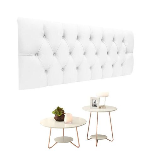 Conjunto Cabeceira Painel Estofada Capitonê 140 cm Branco Paris e Mesa de Centro e Apoio Liz Off White EJ