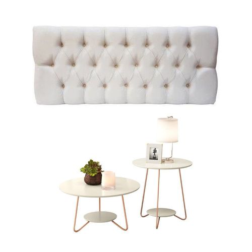 Conjunto Cabeceira Painel Estofada Capitonê 140 cm Suede Areia Paris e Mesa de Centro e Apoio Liz Off White EJ