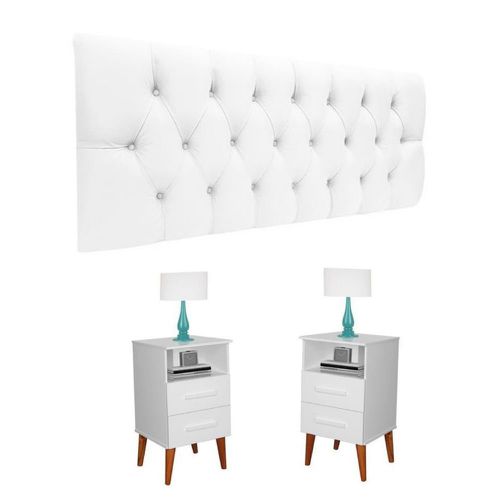 Conjunto Cabeceira Painel Paris 1,60 Suede Capitonê Areia e 02 Mesas de Cabeceira Pérola Branca