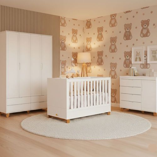 Conjunto Quarto Completo Guarda-roupa, Cômoda e Berço- Branco Ecowood 