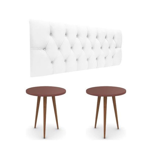 Conjunto Cabeceira Painel Estofada Capitonê 140cm Corino Branco Paris e Mesa de Apoio Legs Terracota