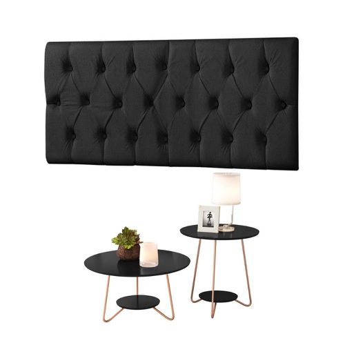 Conjunto Cabeceira Painel Estofada Capitonê 140 cm Corino Preta Paris e Mesa de Centro e Apoio Liz Preta EJ