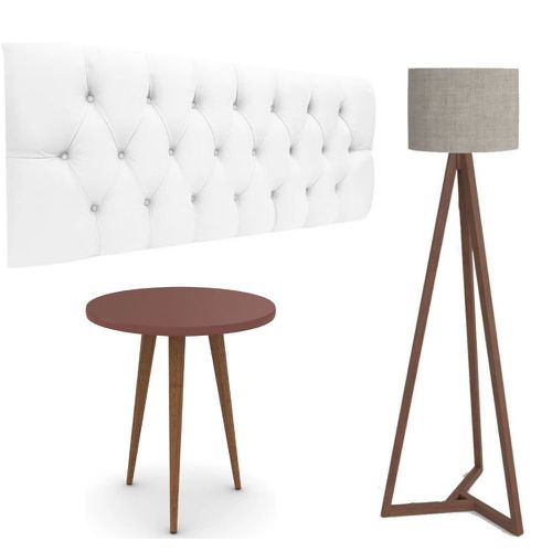 Conjunto Cabeceira Painel Estofada Capitonê 140 cm Corino Branco Paris e Mesa de Apoio Legs Terracota com Luminaria de chão Tebarrot Classic Amendoa