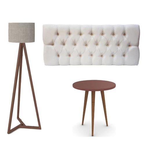 Conjunto Cabeceira Estofada Capitonê 160 cm Queen Suede Areia Paris e Mesa de Apoio Legs Terracota com Luminaria de chão Tebarrot Classic Amêndoa