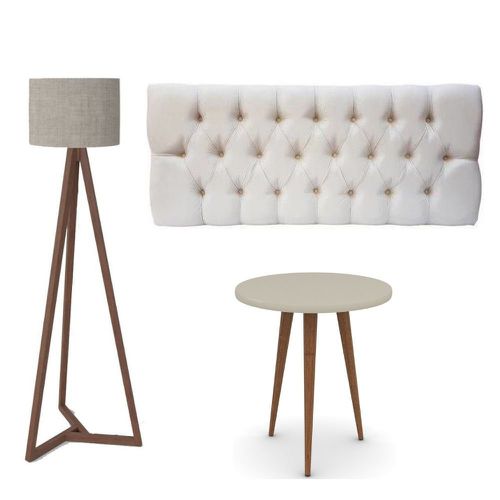 Conjunto Cabeceira Estofada Capitonê 160 cm Queen Suede Areia e Mesa Lateral Legs Alta Off White com Luminária de chão Tebarrot Classic Amêndoa