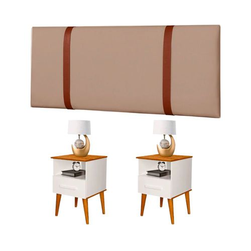  Conjunto Cabeceira para Cama Queen Bege 160 cm com Kit 2 Mesas de Cabeceira Off White/Canela Incasa