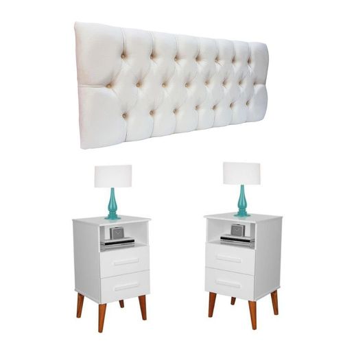 Conjunto Cabeceira Painel Paris 1,40 Suede Capitonê Areia e 02 Mesas de Cabeceira Pérola Branca