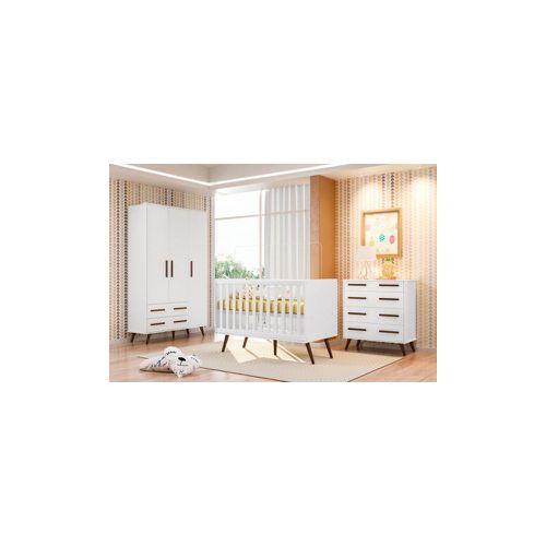 Conjunto Qmovi Retrô Cômoda 3 Gavetas, Guarda Roupa 3 Portas e Berço Branco