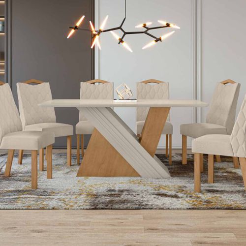 Mesa De Jantar 170x90cm Tampo Mdf/vidro Vênus Amêndoa Clean/off White