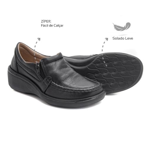Sapato Mocassim Feminino Confortável com Zíper Pre... - Levecomfort Calçados