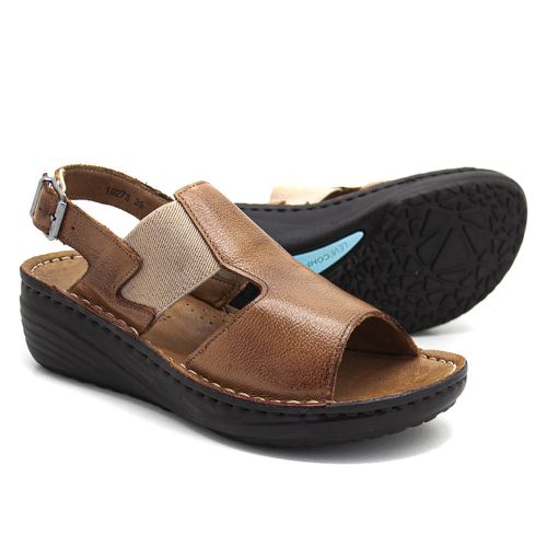 Sandália em Couro Capuccino salto Levecomfort - 10... - Levecomfort Calçados
