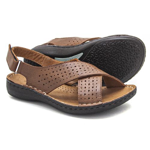 Sandália com Vélcro em Couro Caramelo Levecomfort ... - Levecomfort Calçados