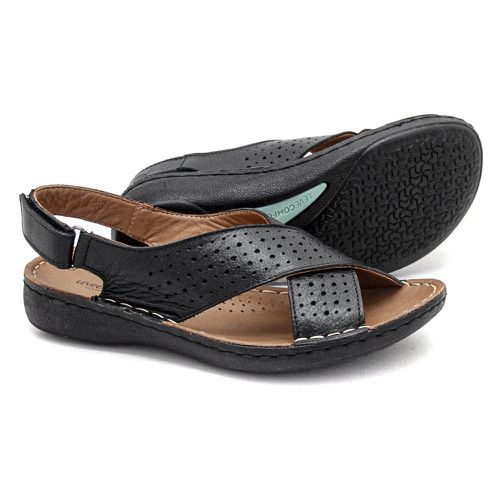 Sandália com Vélcro em Couro Preto Levecomfort - F... - Levecomfort Calçados