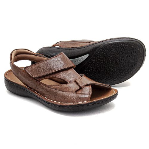 Sandália com Velcro em Couro Caramelo Levecomfort ... - Levecomfort Calçados