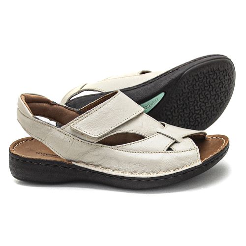 Sandália com Velcro em Couro Creme Levecomfort - 1... - Levecomfort Calçados