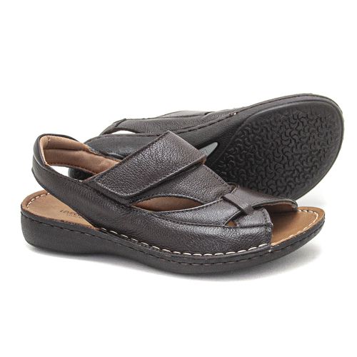 Sandália com Velcro em Couro Café Levecomfort - 10... - Levecomfort Calçados
