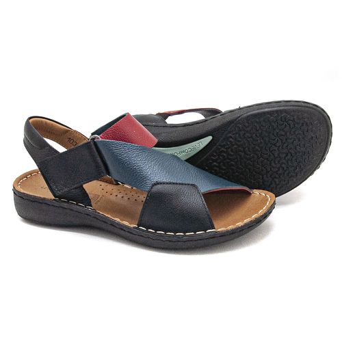 Sandália com Velcro em Couro Preto marinho e verme... - Levecomfort Calçados