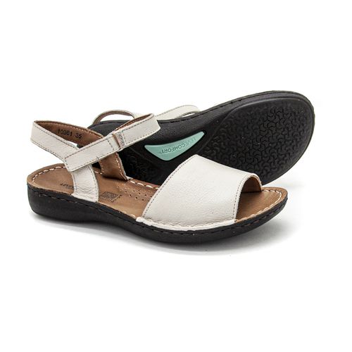 Sandália com Velcro em Couro Creme Levecomfort - 1... - Levecomfort Calçados