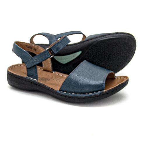 Sandália com Velcro em Couro Azul Marinho Levecomf... - Levecomfort Calçados