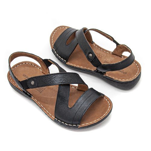 Sandália com Elastico em Couro Preto Levecomfort ... - Levecomfort Calçados