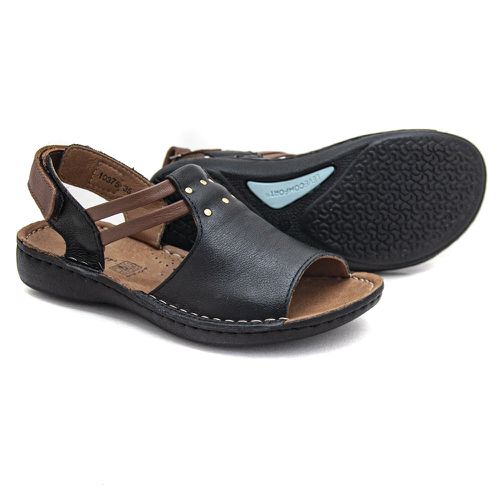 Sandália com Velcro em Couro Preto com Caramelo L... - Levecomfort Calçados