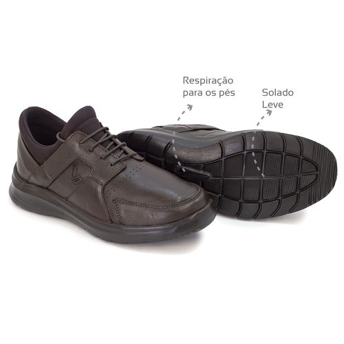Sapatênis Leve Elástico Calce Rápido Couro Dark Br... - Levecomfort Calçados