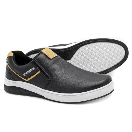 Sapatênis Leve com Elástico Couro Preto com Citros... - Levecomfort Calçados