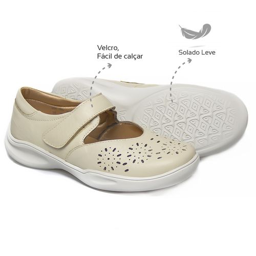 Sapatilha Feminina Confortável Vélcro Couro Creme ... - Levecomfort Calçados