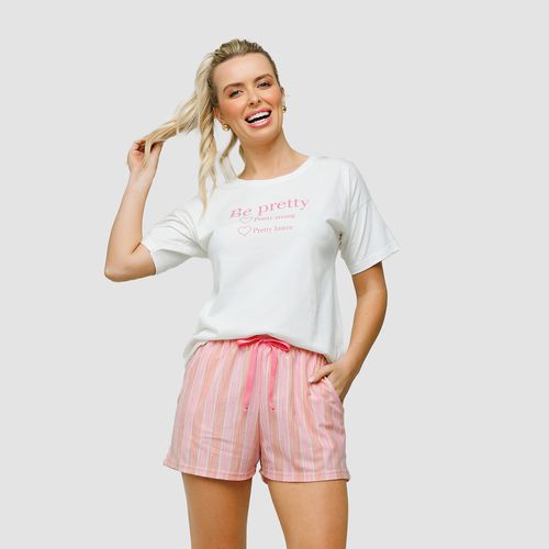 PIJAMA COM SILK E SHORT LISTRADO - OFF-WHITE - 170... - Loik