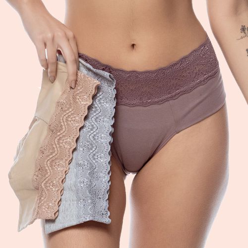 KIT CALCINHA ALGODÃO CÓS EM RENDA - COM 03 PEÇAS -... - Loik