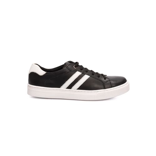 Tênis Casual em Couro Preto com Detalhes Branco Ca... - LOJA CALPRADO