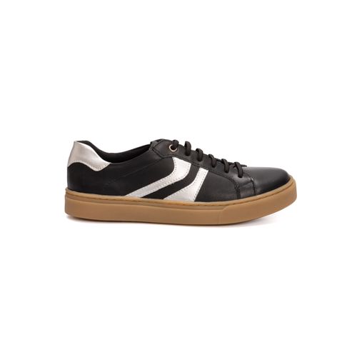 Tênis Feminino Preto em couro com Detalhes Prata -... - LOJA CALPRADO
