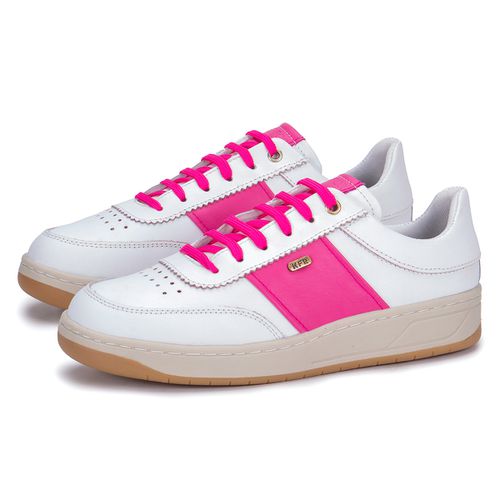 Tênis Casual De Couro Feminino Branco E Rosa Crist... - KÉFFOR Calçados